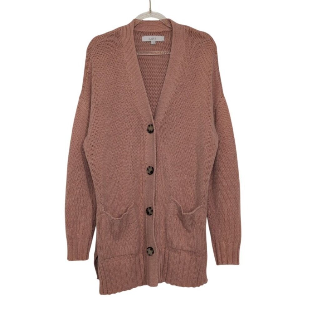 Ann Taylor LOFT Knit Cardigan Womens Size Medium Rose Pink Relaxed V Neck Pocket